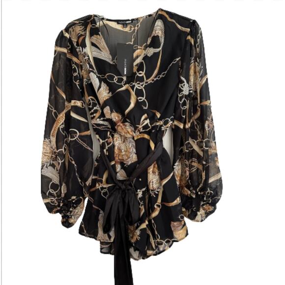 Fashion Nova Romper Skylar Black Gold Chain Tassel Balloon Long Sleeve Small NEW - Picture 2 of 12